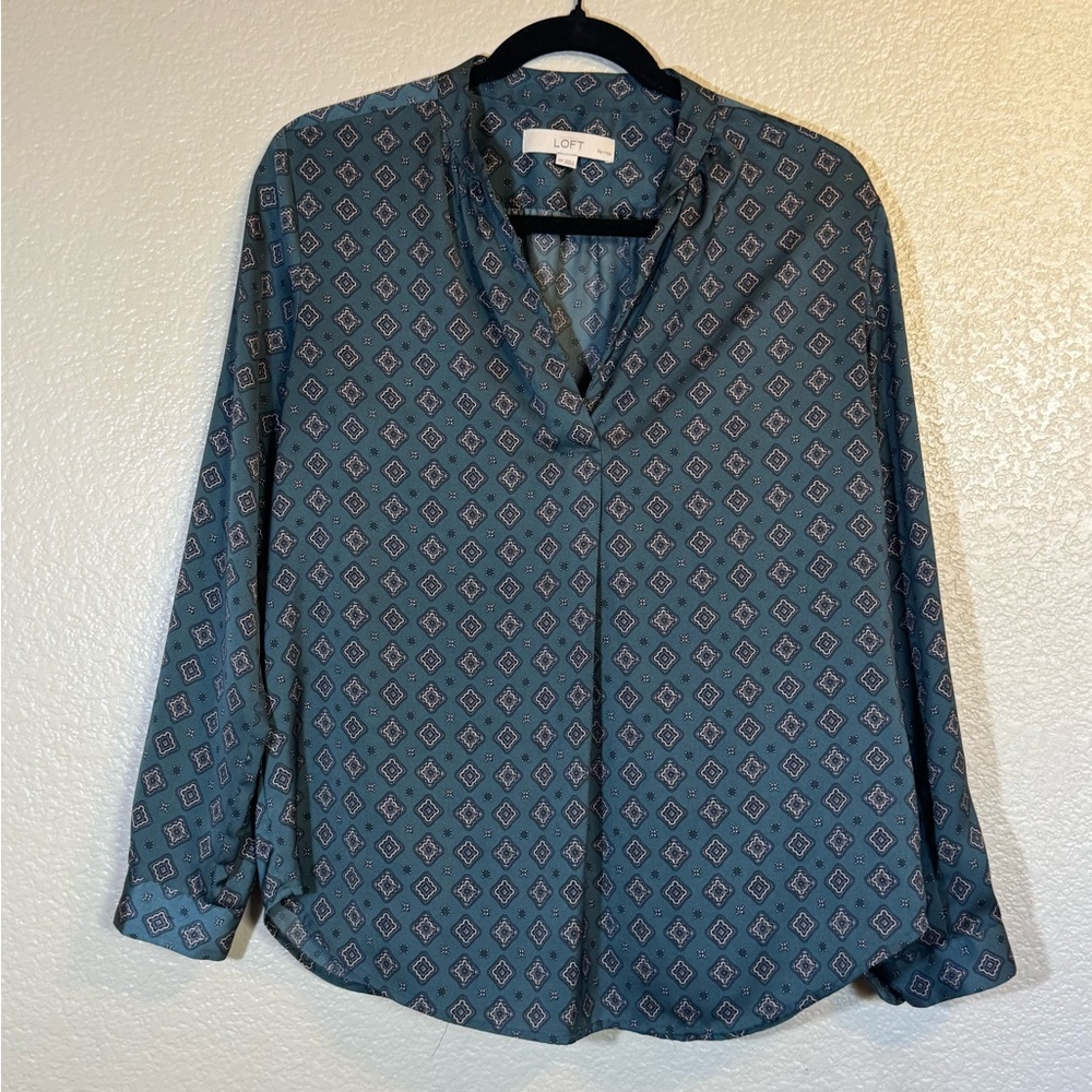 LOFT Teal Geometric Print Blouse
